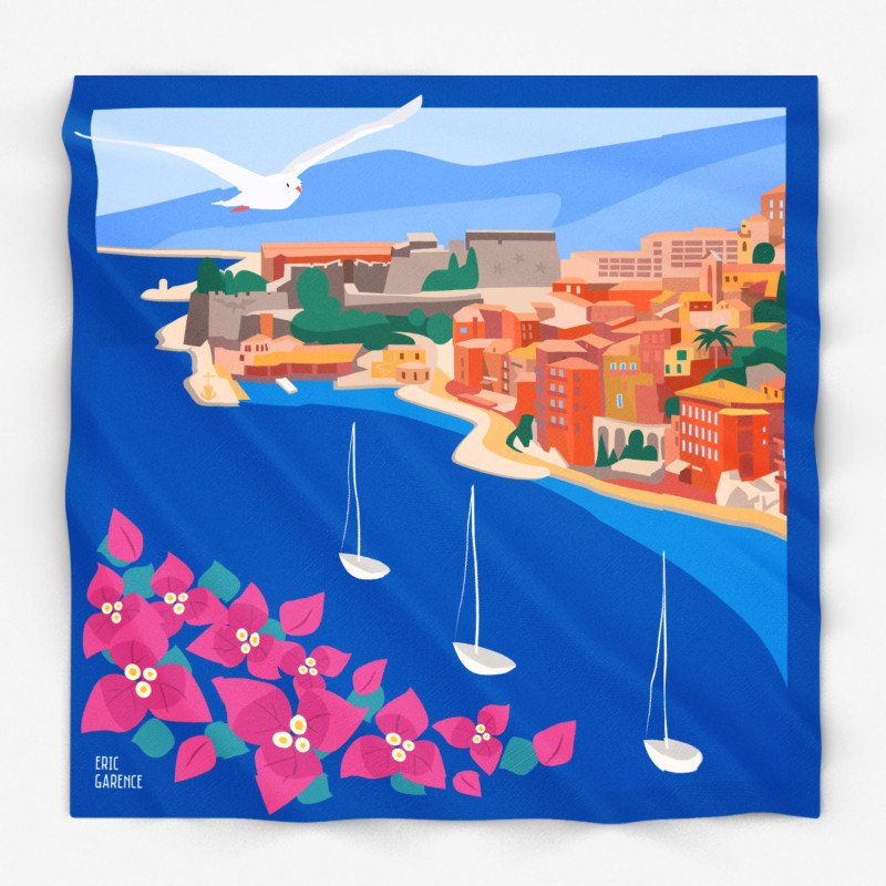 Carré de Soie par Eric Garence "Les Bougainvilliers à Villefranche-sur-Mer" Collection Côte d'Azur Carré de Soie par Eric Garence "Les Bougainvilliers à Villefranche-sur-Mer" Collection Côte d'Azur