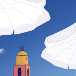Affiche de "Saint-Tropez, La plage" by Eric Garence, artiste français, illustrateur, pop, retro