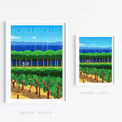 Affiche ''Porquerolles, A bicyclette dans les vignes''