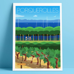 Affiche ''Porquerolles, A bicyclette dans les vignes''