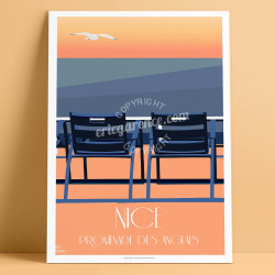 Affiche ''Nice, Nos 2 Chaises bleues au Sunset''