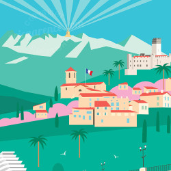 Affiche de "Villeneuve-Loubet au Printemps" by Eric Garence, artiste français, illustrateur, pop, retro