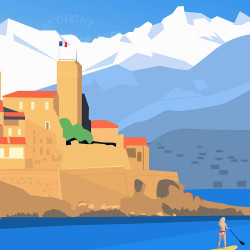 Affiche de "Antibes et la paddle Girl" by Eric Garence, artiste français, illustrateur, pop, retro