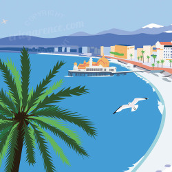 Affiche de "Nice, Casino, Palmiers et Caravelle - Baie des Anges" by Eric Garence, artiste français, illustrateur, pop, retro