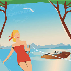 Affiche de "Juan-Les-Pins et le ski nautique" by Eric Garence, artiste français, illustrateur, pop, retro