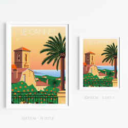 Affiche de "Le Cannet, Sunset sur la place Bellevue" by Eric Garence, artiste français, illustrateur, pop, retro