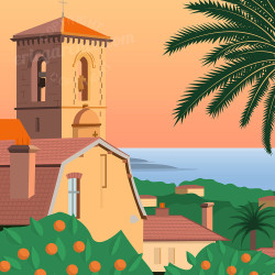 Affiche de "Le Cannet, Sunset sur la place Bellevue" by Eric Garence, artiste français, illustrateur, pop, retro