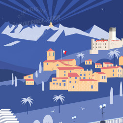 Affiche de "Villeneuve-Loubet en Hiver" by Eric Garence, artiste français, illustrateur, pop, retro
