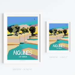 Affiche de "Aiguines, Le vieux pont - Haut-Var" by Eric Garence, artiste français, illustrateur, pop, retro