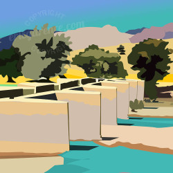 Affiche de "Aiguines, Le vieux pont - Haut-Var" by Eric Garence, artiste français, illustrateur, pop, retro