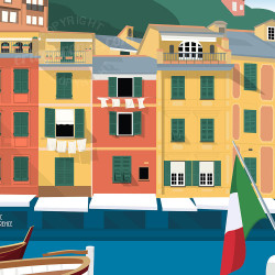 Affiche de "Portofino, Italie" by Eric Garence, artiste français, illustrateur, pop, retro