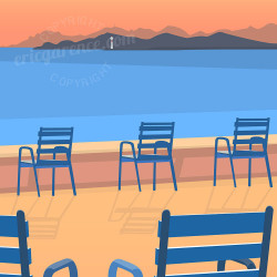 Affiche ''Cannes, La Croisette et ses chaises bleues"