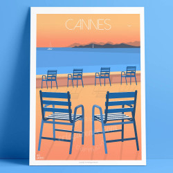 Affiche ''Cannes, La Croisette et ses chaises bleues"