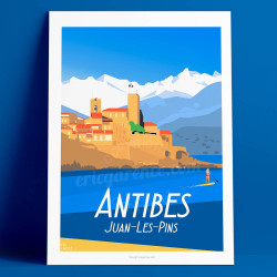 Affiche de "Antibes et la paddle Girl" by Eric Garence, artiste français, illustrateur, pop, retro