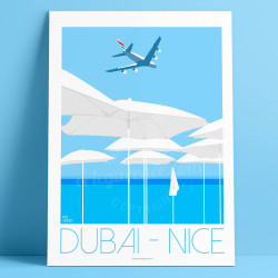 Affiche de "Nice - Dubai Nice en A380" by Eric Garence, artiste français, illustrateur, pop, retro