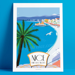 Affiche de "Nice, Casino, Palmiers et Caravelle - Baie des Anges" by Eric Garence, artiste français, illustrateur, pop, retro