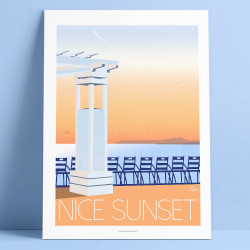 Affiche de "Nice Sunset et les chaises bleues" by Eric Garence, artiste français, illustrateur, pop, retro