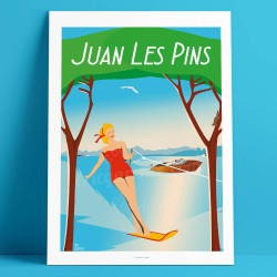 Affiche de "Juan-Les-Pins et le ski nautique" by Eric Garence, artiste français, illustrateur, pop, retro