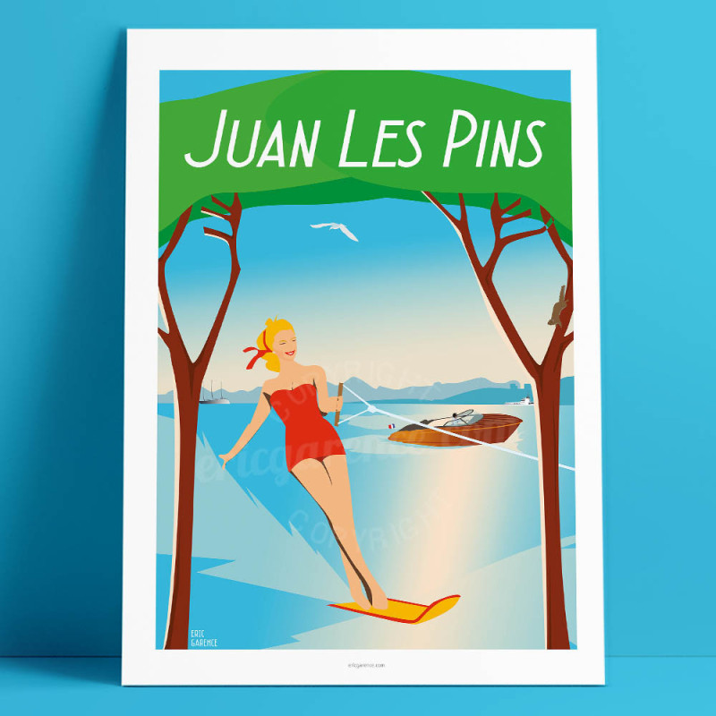 Affiche de "Juan-Les-Pins et le ski nautique" by Eric Garence, artiste français, illustrateur, pop, retro Affiche de "Juan-Les-Pins et le ski nautique" by Eric Garence, artiste français, illustrateur, pop, retro