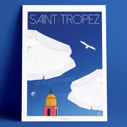 Affiche de "Saint-Tropez, La plage" by Eric Garence, artiste français, illustrateur, pop, retro