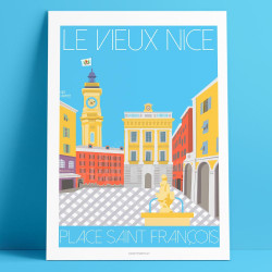Affiche de "Nice, la place St François" by Eric Garence, artiste français, illustrateur, pop, retro