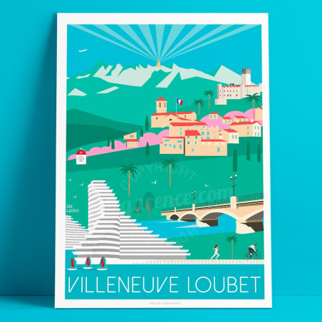 Affiche de "Villeneuve-Loubet au Printemps" by Eric Garence, artiste français, illustrateur, pop, retro