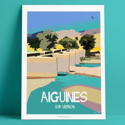 Affiche de "Aiguines, Le vieux pont - Haut-Var" by Eric Garence, artiste français, illustrateur, pop, retro