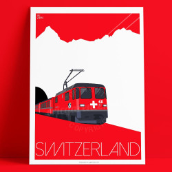 Affiche de "Train Suisse" by Eric Garence, artiste français, illustrateur, pop, retro