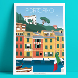 Affiche de "Portofino, Italie" by Eric Garence, artiste français, illustrateur, pop, retro
