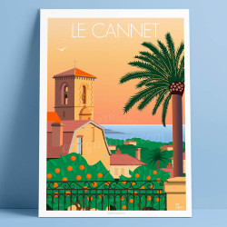 Affiche de "Le Cannet, Sunset sur la place Bellevue" by Eric Garence, artiste français, illustrateur, pop, retro