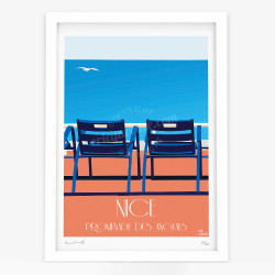 Affiche d'art signée à la main par Eric Garence ''Nice, Nos 2 Chaises Bleues''