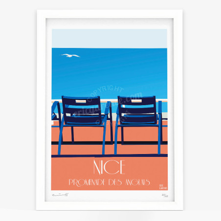 Affiche d'art signée à la main par Eric Garence ''Nice, Nos 2 Chaises Bleues''
