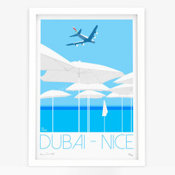 Affiche d'art signée à la main par Eric Garence ''Nice - Dubai Nice en A380''