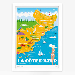 Affiche d'art signée à la main par Eric Garence "La Carte de la Côte d'Azur"
