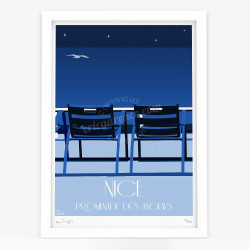 Affiche d'art signée à la main par Eric Garence "Nice, les Chaises Bleues by Night"
