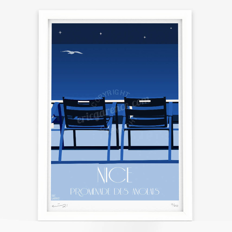 Affiche d'art signée à la main par Eric Garence "Nice, les Chaises Bleues by Night" Affiche d'art signée à la main par Eric Garence "Nice, les Chaises Bleues by Night"
