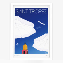 Affiche d'art signée à la main par Eric Garence "Saint-Tropez, La plage"