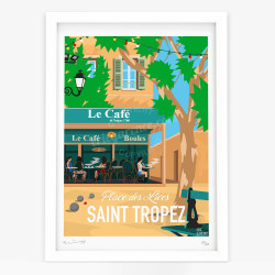 Affiche d'art signée à la main par Eric Garence "Saint-Tropez, Le café de la place des lices"