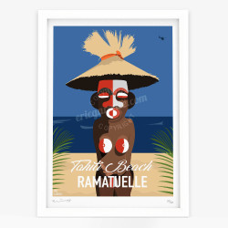 Affiche d'art signée à la main par Eric Garence "Tahiti Beach, BB's Tiki"