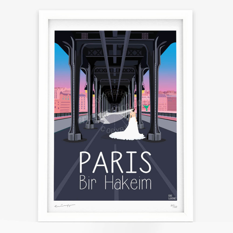 Affiche d'art signée à la main par Eric Garence "Paris, La mariée au pont de Bir Hakeim" Affiche d'art signée à la main par Eric Garence "Paris, La mariée au pont de Bir Hakeim"