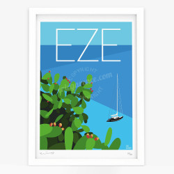 Affiche d'art signée à la main par Eric Garence "Eze, Cactus et voilier"