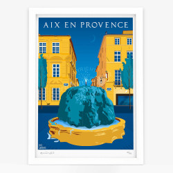 Affiche d'art signée à la main par Eric Garence "Aix-en-Provence - Le cour Mirabeau et la moussue"