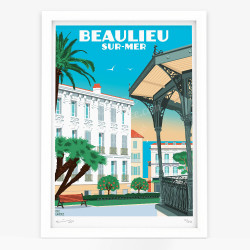 Affiche d'art signée à la main par Eric Garence "Beaulieu-sur-Mer, Le kiosque à Musique de la place Marinoni"