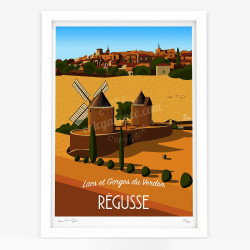 Affiche d'art signée à la main par Eric Garence "Régusse et ses Moulins"