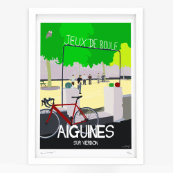 Affiche d'art signée à la main par Eric Garence "Aiguines, Une chouette partie de pétanque"