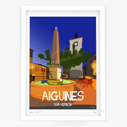 Affiche d'art signée à la main par Eric Garence "Aiguines - Fontaine de Nuit"