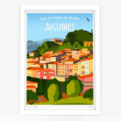Affiche d'art signée à la main par Eric Garence "Aiguines - Le Village et la Chapelle Saint-Pierre"