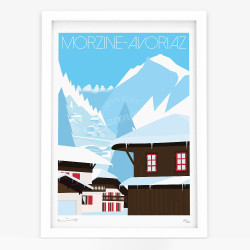 Affiche d'art signée à la main par Eric Garence "Morzine-Avoriaz et le Dahu"