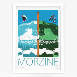 Affiche d'art signée à la main par Eric Garence "Morzine, Eté ou Hiver ?"