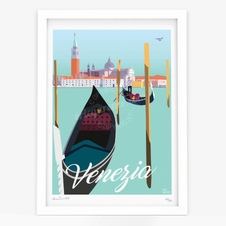 Affiche d'art signée à la main par Eric Garence "Venise, La gondole de Giacomo Casanova"